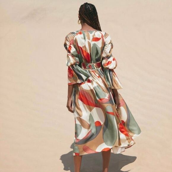 NWT Cult Gaia Anysia Silk Blend Midi Dress Abstract Print Puff Sleeve XS - Picture 2 of 8